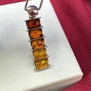 Amber Sterling Silver 5 Stone Pendant on Italian Sterling Silver Chain
